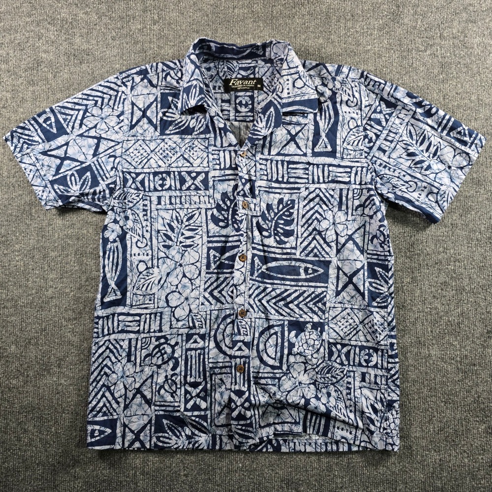 Favant Mens Hawaiian Shirt Medium Blue White Tribal Batik Cotton Coconut Button